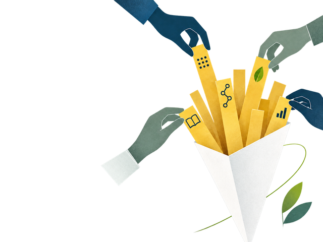 Illustration: several hands placing strips marked with research symbols into a shared paper cone