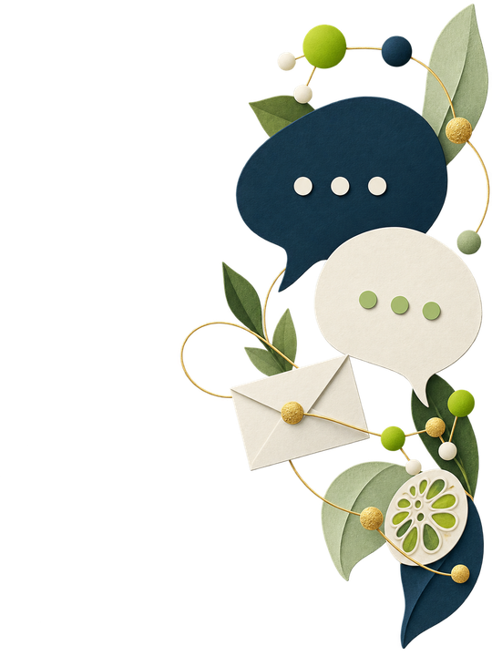 Illustration: speech bubbles and an envelope among leaves
