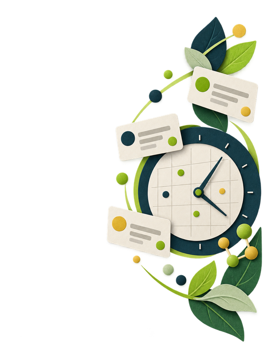 Illustration: a clock over a calendar grid with event cards, suggesting upcoming activities