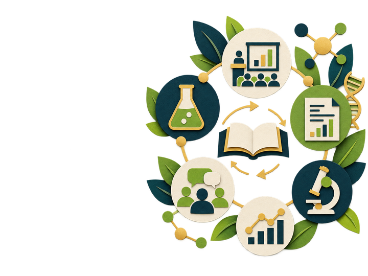Illustration: a ring of scientific activity icons around an open book